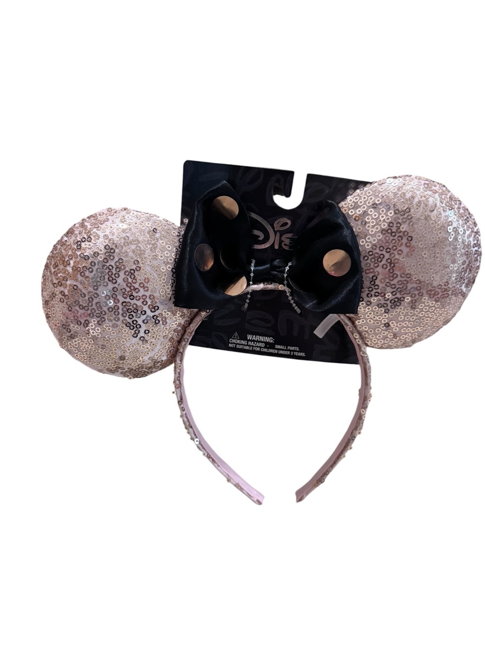 Disney Rose Gold Sequin Minnie Ears Headband with Black Bow